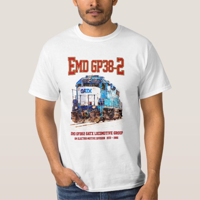 Camiseta EMD GP38-2 Locomotive diesel azul e branco GATX (Frente)