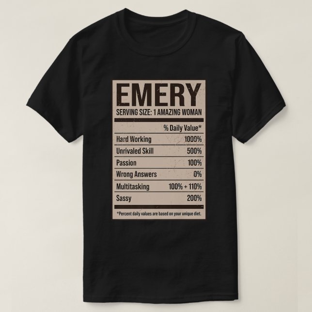 Camiseta Emery Nutrition Facts Name Apelido Alias Título Fr (Frente do Design)