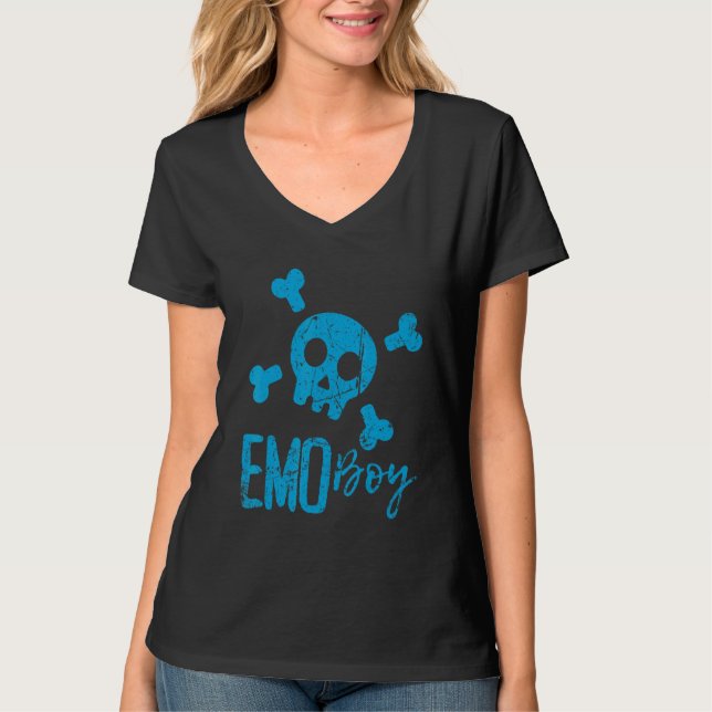 Camiseta Emo Boy Blue Skull Emo Gótico Música Emocional (Frente)