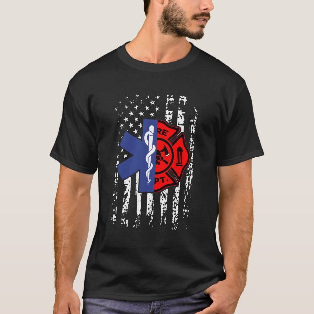 Camiseta Emt Bombeiro Bombeiro Bombeiro American Flag Back (Frente)