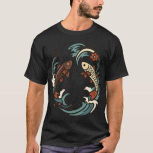 Camiseta Encantador Desenho de Peixe Koi em Fluxo Infinito.