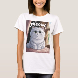 Camiseta Encantador Gato Persa Branco Branco "Miau!" Adesiv