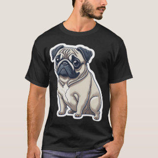 Camiseta Encantador Pug de Desenho Animado Desenhado à Mão:
