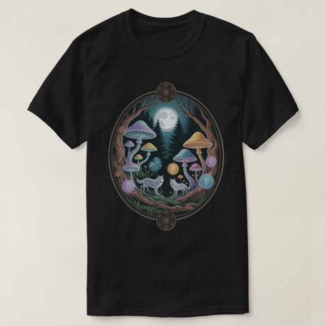 Camiseta Enchanted Moonlit Wolves and Psychedelic Mushrooms (Frente do Design)