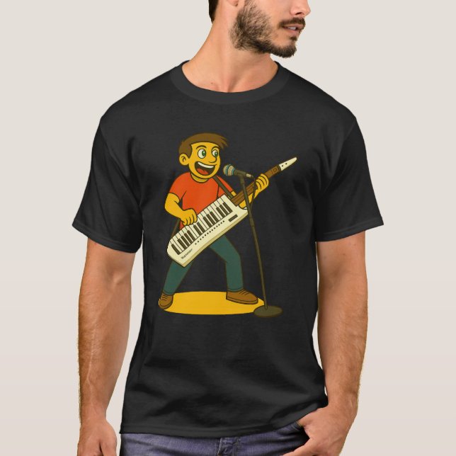 Camiseta Energetic man singing and paying keytar (Frente)