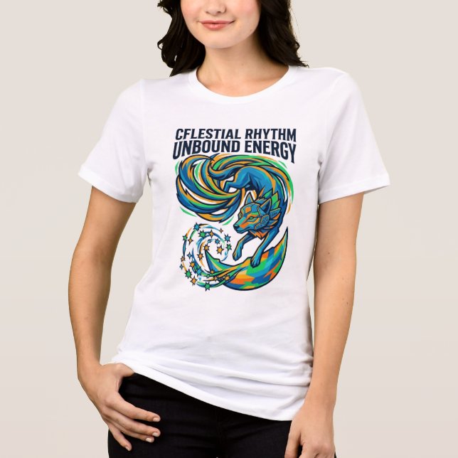 Camiseta Energia Ilimitada Ritmo Celestial Lobo Místico Gra (Frente)