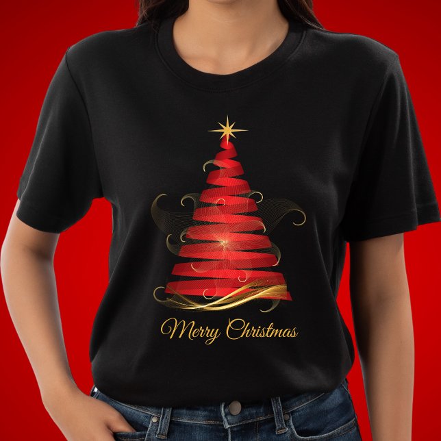 Camiseta Ênfase Dourada da Árvore de Natal Vermelha Chic El (Criador carregado)