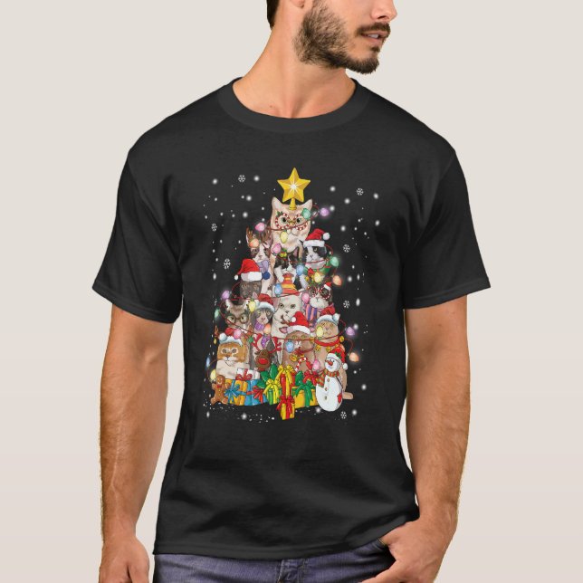 Camiseta Enfeite de Luzes de Árvore de Natal Gato (Frente)
