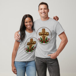 Camiseta Enfeite de Natal de Cruz de Madeira Rústica