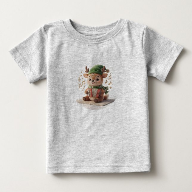 Camiseta Enfeite de Natal de Rena Fofa Tocando Acordeão (Frente)