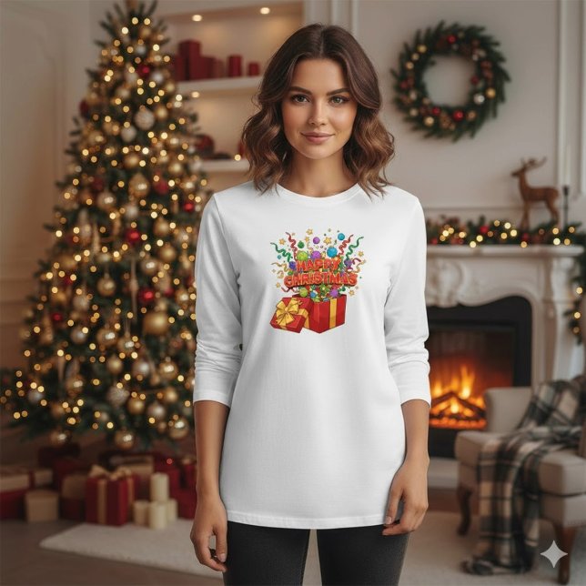 Camiseta Enfeites de Caixa de Presente Explosiva de Natal (Criador carregado)