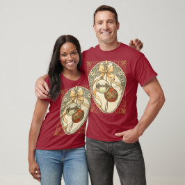 Camiseta Enfeites de Natal Bege e Vermelho Art Nouveau