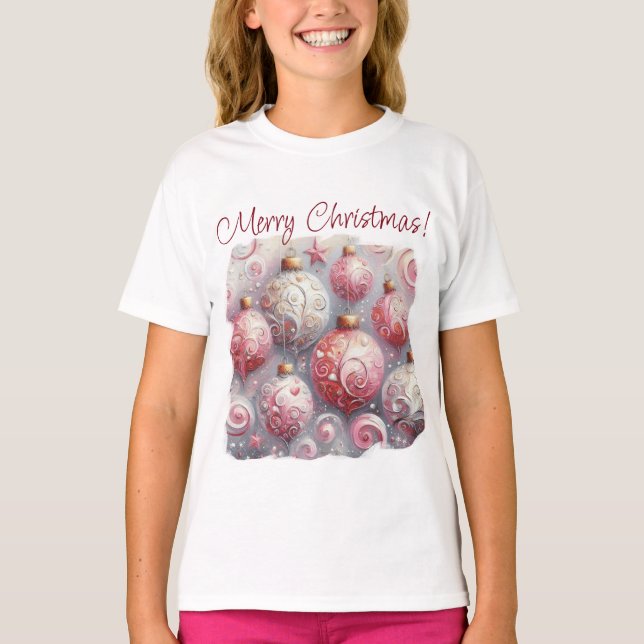 Camiseta Enfeites de natal brancos, cor-de-rosa personaliza (Frente)