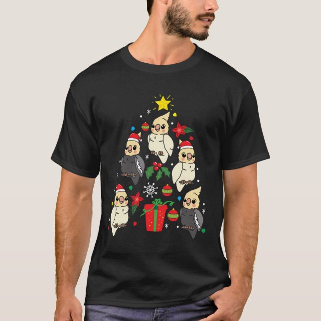 Camiseta Enfeites de natal Cockatiel Árvore Xmas Mãe Pai Bi (Frente)