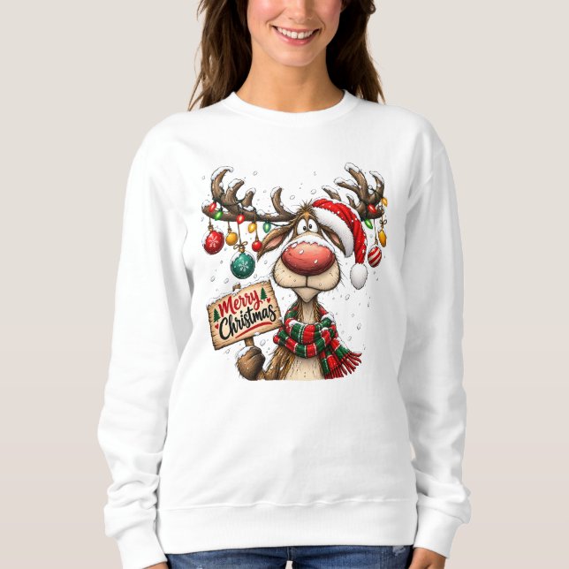 Camiseta Enfeites de Natal com Rena Divertida e Sinal (Frente)