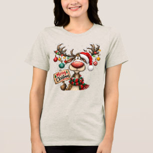 Camiseta Enfeites de Natal com Rena Divertida e Sinal de Fe