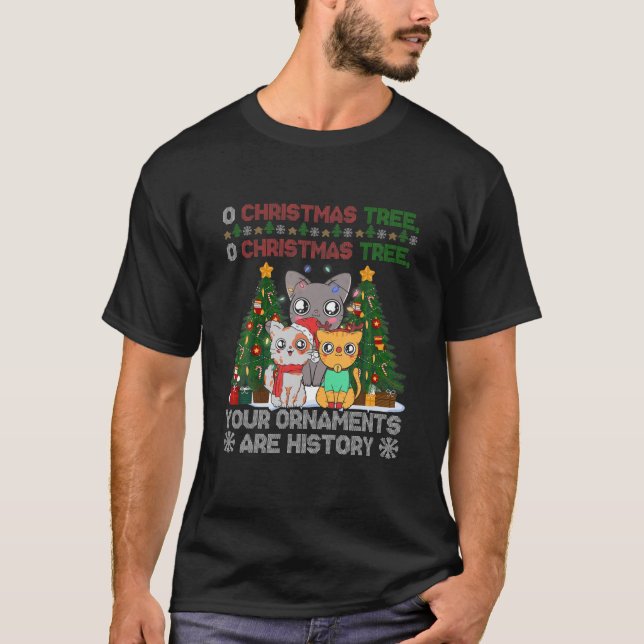 Camiseta Enfeites de natal De Árvore Feia De Gatos Ani (Frente)