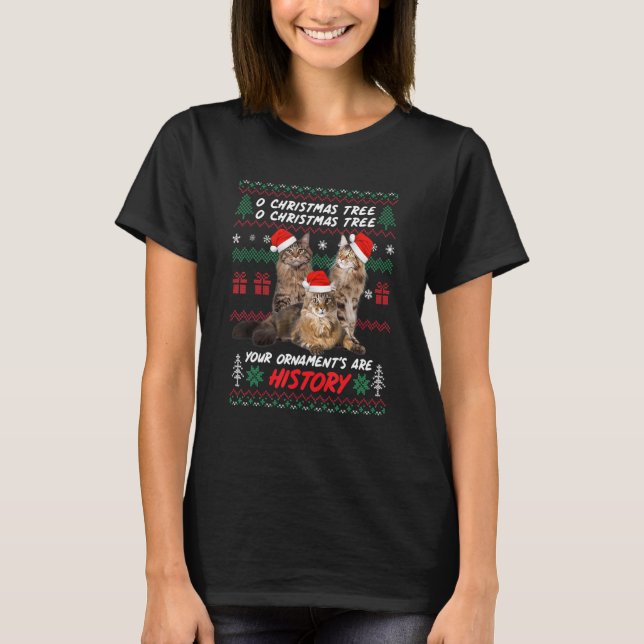 Camiseta Enfeites de natal de Gatos Família PJS Maine Coon (Frente)