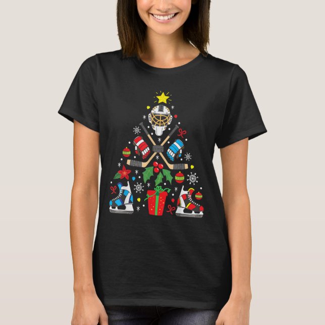 Camiseta Enfeites de natal De Hóquei No Gelo Tree Engraçado (Frente)