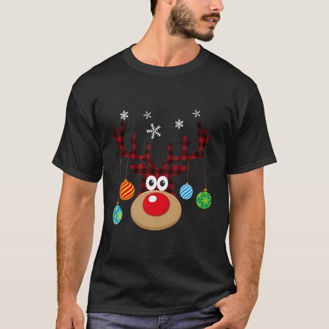 Camiseta Enfeites de natal De Renas De Xadrez De Buffalo Sn (Frente)