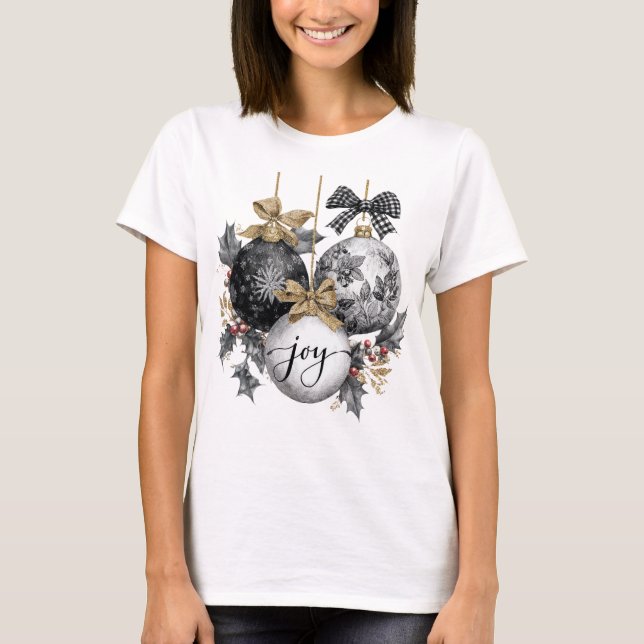 Camiseta Enfeites de Natal Elegantes Preto e Branco (Frente)