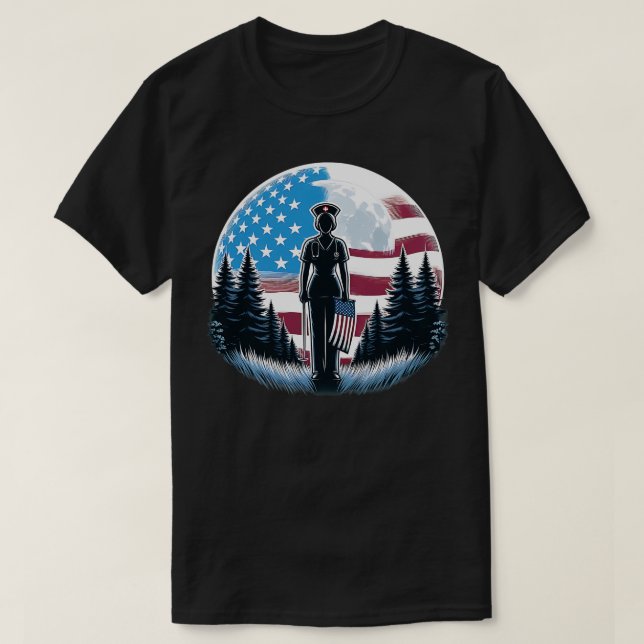 Camiseta Enfermeira Americana Bandeira Cheia Moon Enfermand (Frente do Design)