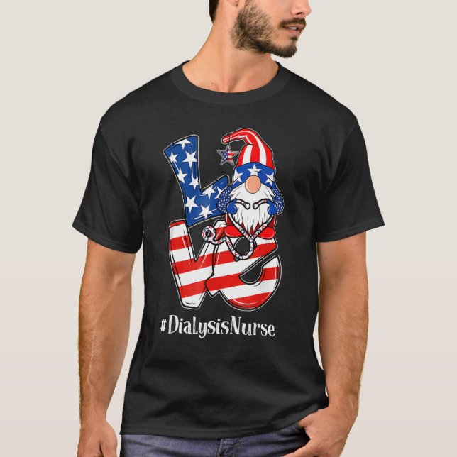 Camiseta Enfermeira Amor Gnomo Diálise Eua Bandeira Patriót (Frente)