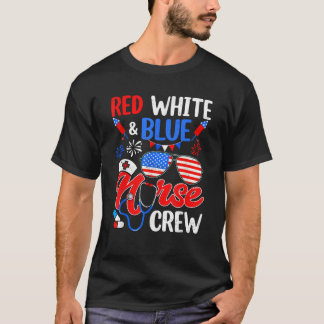 Camiseta Enfermeira Azul Vermelho Tripulação Sol 4 De Julho