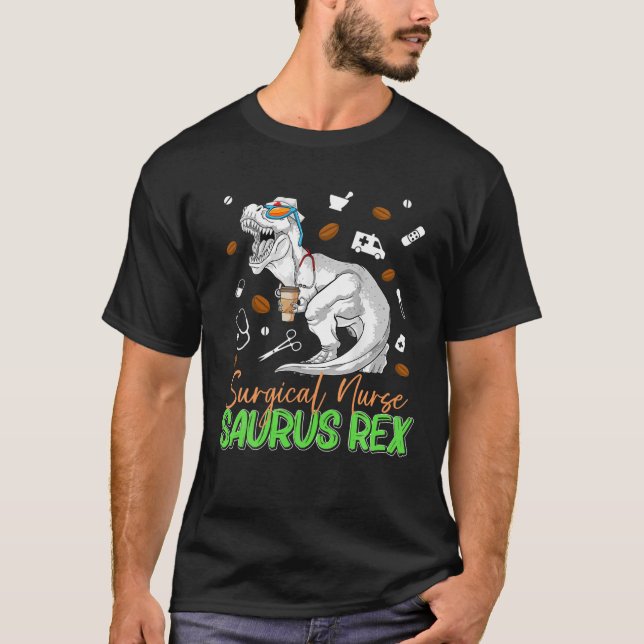 Camiseta Enfermeira Cirúrgica Saurus Rex Dinosaur Coffee Nu (Frente)