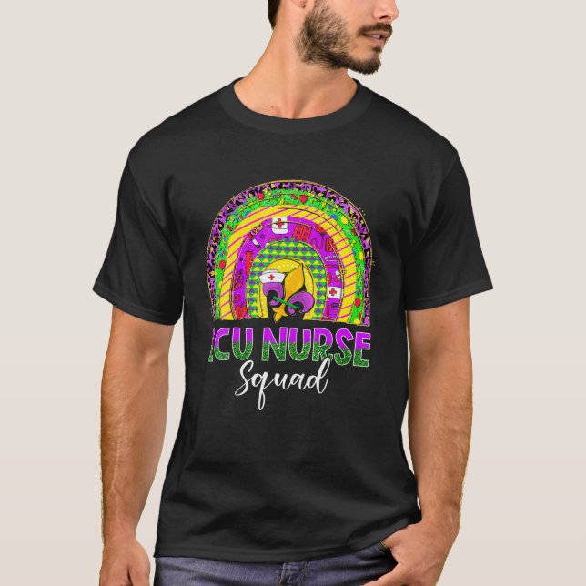 Camiseta Enfermeira da UTI Mardi Gras Máscara e Miçanga Eng (Frente)