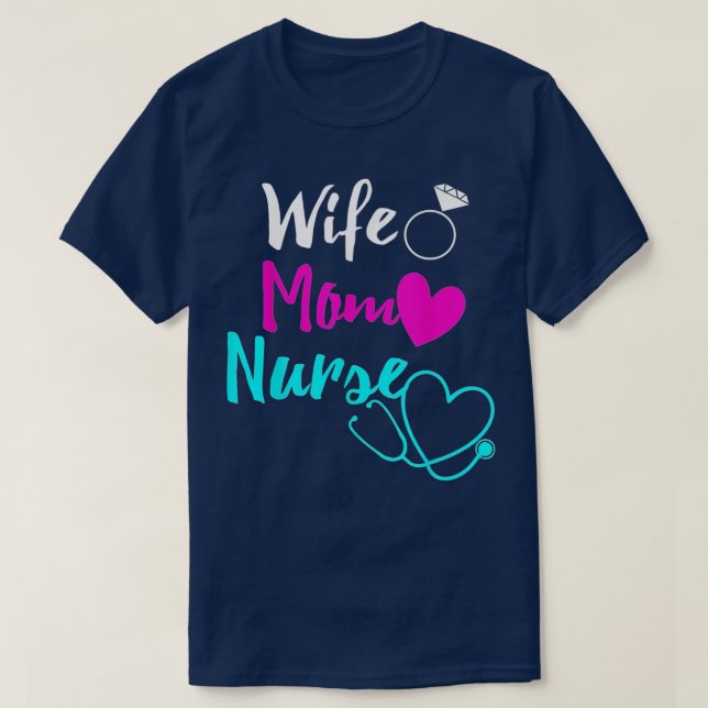 Camiseta Enfermeira de Esposa Mãe Enfermeira Womens RN Dia  (Frente do Design)