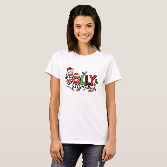 Camiseta Enfermeira de Natal Enfermeira Engraçada Holly Jol (Frente Completa)