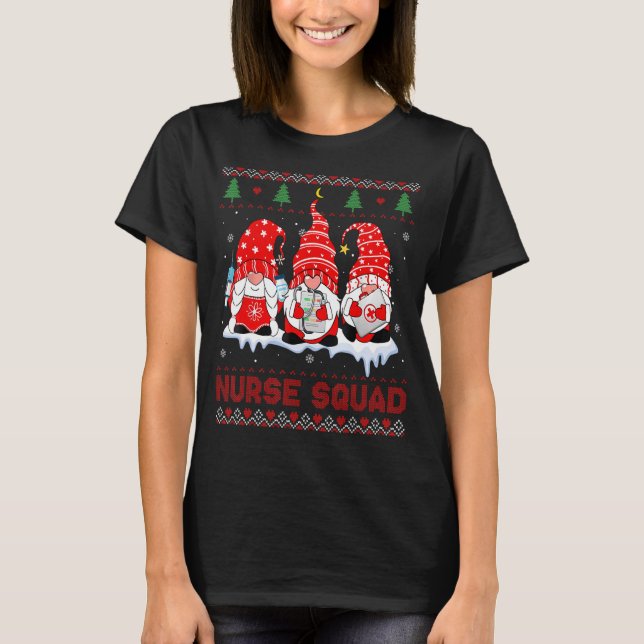 Camiseta Enfermeira de Natal Feia Gnomos Santa Hat Corações (Frente)