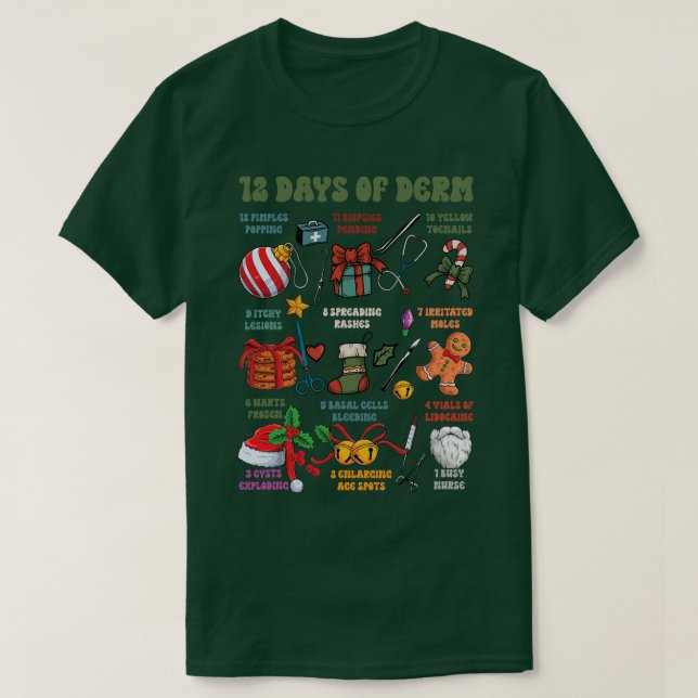 Camiseta Enfermeira Dermatológica Feliz Natal 12 Dias De De (Frente do Design)