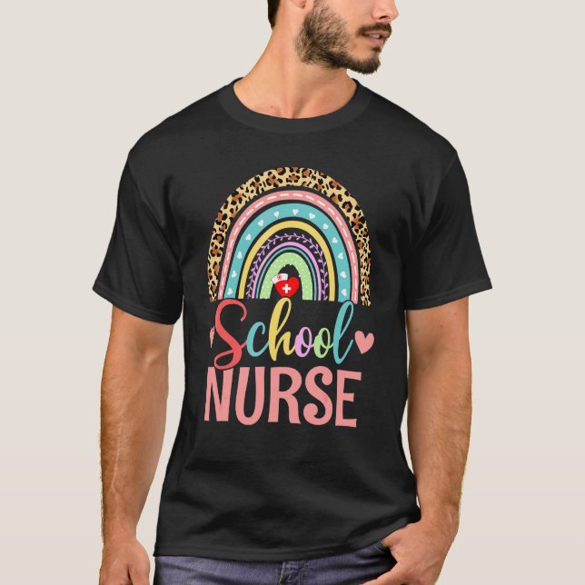 Camiseta Enfermeira Escolar Boho Arco-íris Leopardo Semana  (Frente)