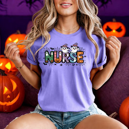Camiseta Enfermeira Halloween Cartoon Spooky Letters Design