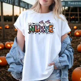 Camiseta Enfermeira Halloween Cartoon Spooky Letters Design