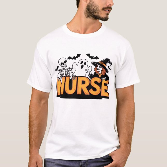 Camiseta Enfermeira - Halloween - com fantasma, bruxa e esq (Frente)