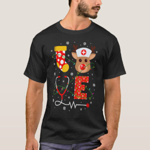 Camiseta Enfermeira Natal Rena Fofa Estetoscópio Luzes de N