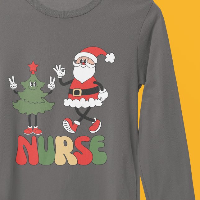 Camiseta Enfermeira Natal, Retro Papai Noel e Árvore (Criador carregado)