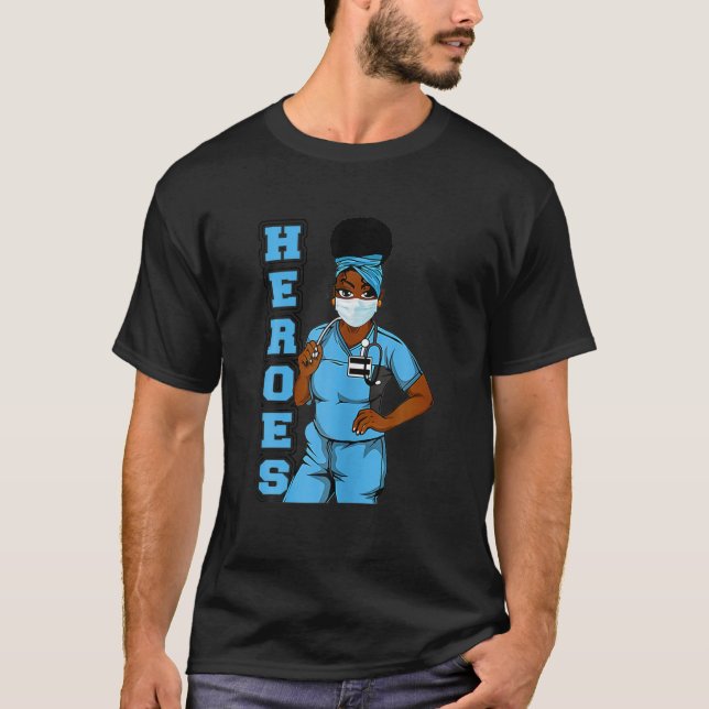 Camiseta Enfermeira Negra Engraçada Heroes Enfrenta Máscara (Frente)
