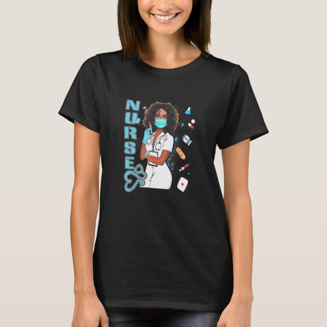 Camiseta Enfermeira Negra Máscara Uniforme de Rosto Mulhere (Frente)