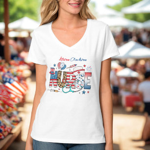 Camiseta Enfermeira Patriótica EUA Ícones Nomes 4 de Julho