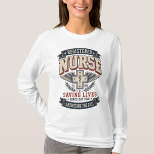 Camiseta Enfermeira Registrada Emblema Vintage Haste de Asc