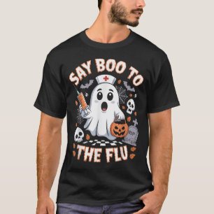 Camiseta Enfermeira Retro Ghost Halloween Vacina Diz Boo À