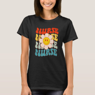 Camiseta Enfermeira Retro Groovy Feliz Face Fofa Flor de Ma