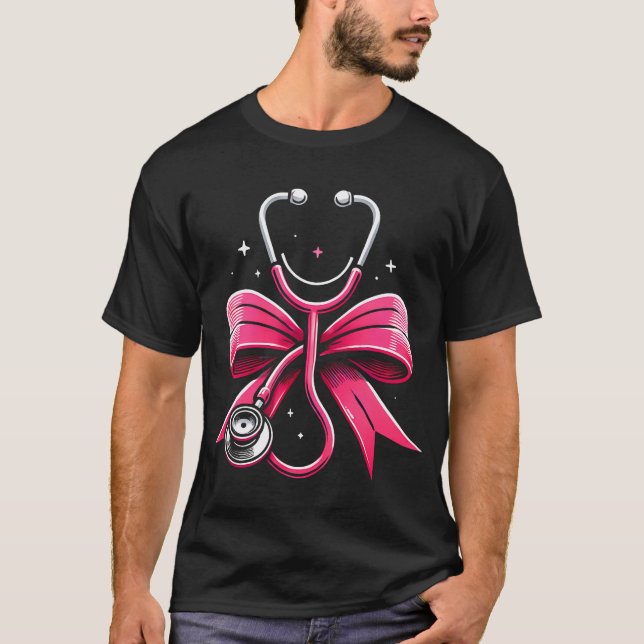 Camiseta Enfermeira rosa Arco de fita estetoscópio Enfermag (Frente)
