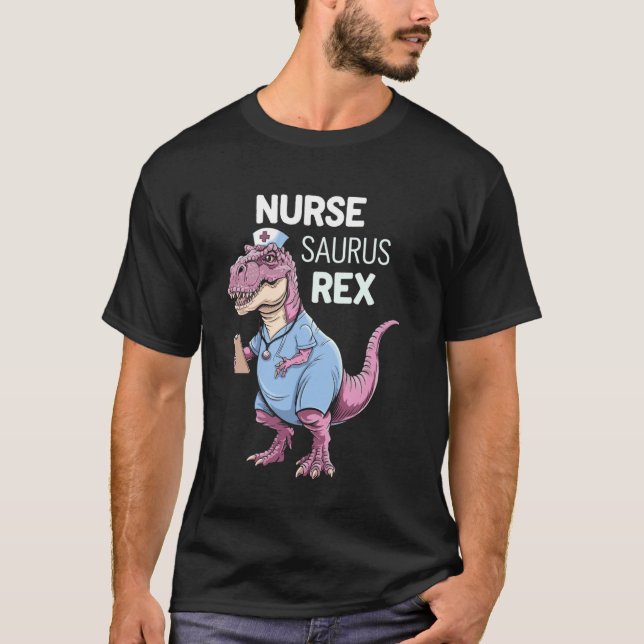 Camiseta Enfermeira Saurus Rex Rosa Floral Dino (Frente)