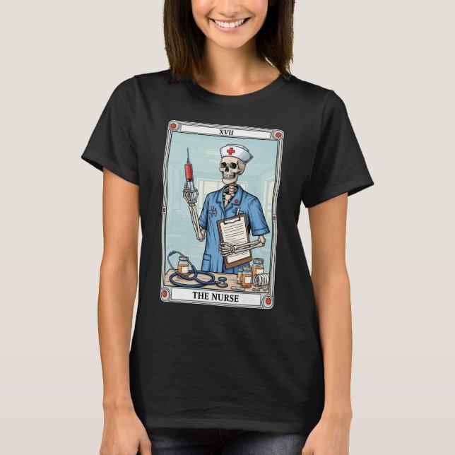 Camiseta Enfermeira Skeleton Tarot Card Halloween Medical (Frente)