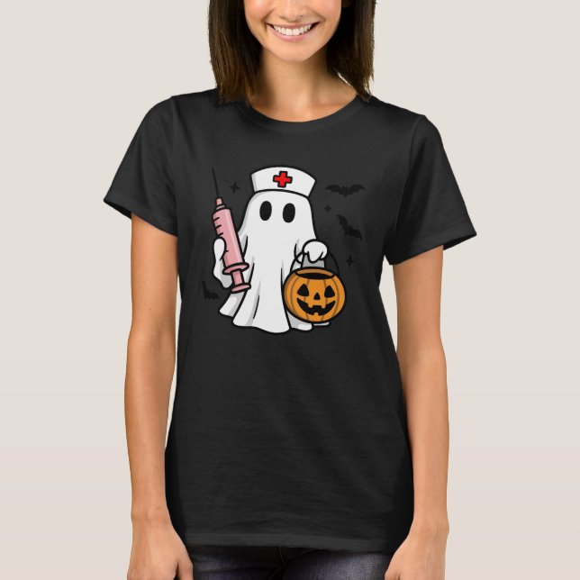 Camiseta Enfermeira Spooky Ghost Halloween Trabalhador de S (Frente)